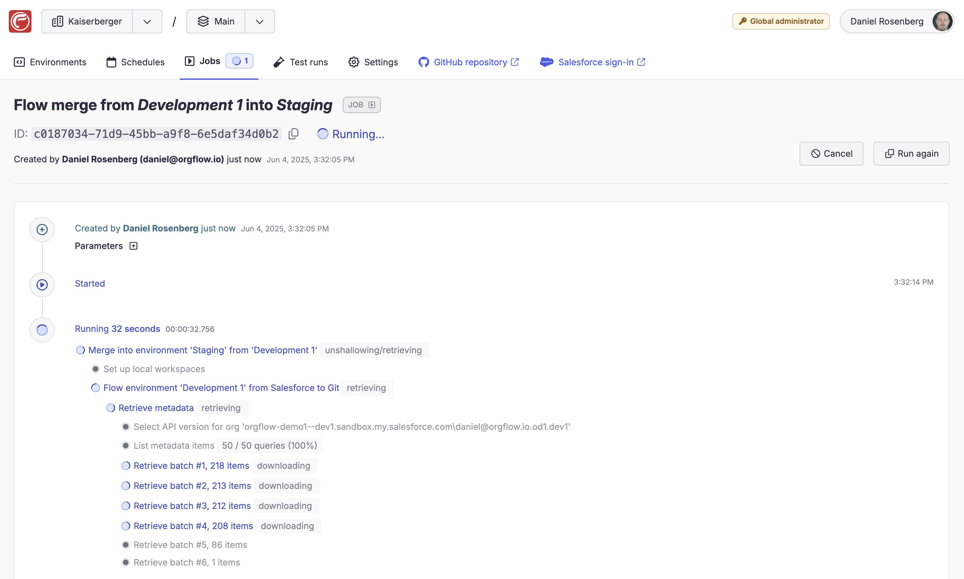 Screenshot from the OrgFlow web app showing an in-progress merge from one environment into another